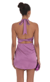 Satin Halter High Neck Dress in Purple